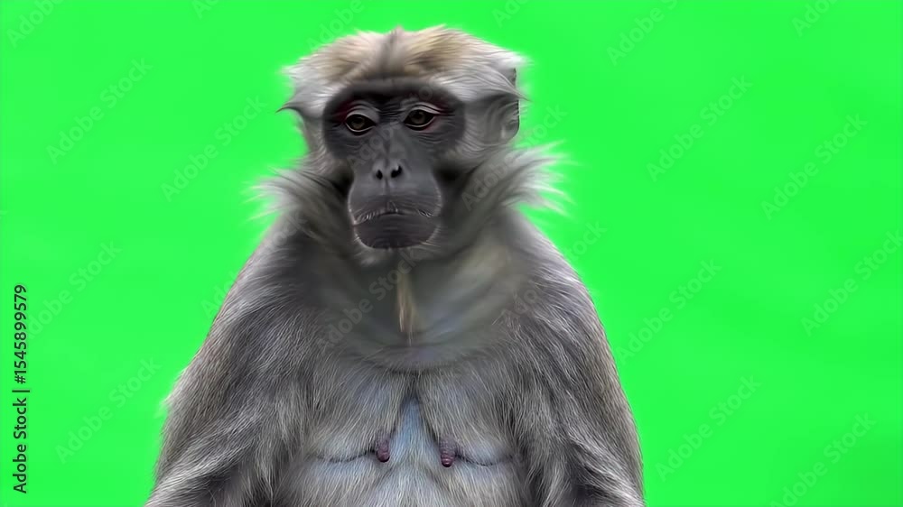 Medium Shot of a Gray Monkey Sitting with Calm Expression Isolated by Green Screen Perfect for Animal Wildlife Education and Visual Effect Project Medium Shot of a Gray Monkey Sitting with Calm Expression Isolated by Green Screen Perfect for Animal Wildlife Education and Visual Effect Project