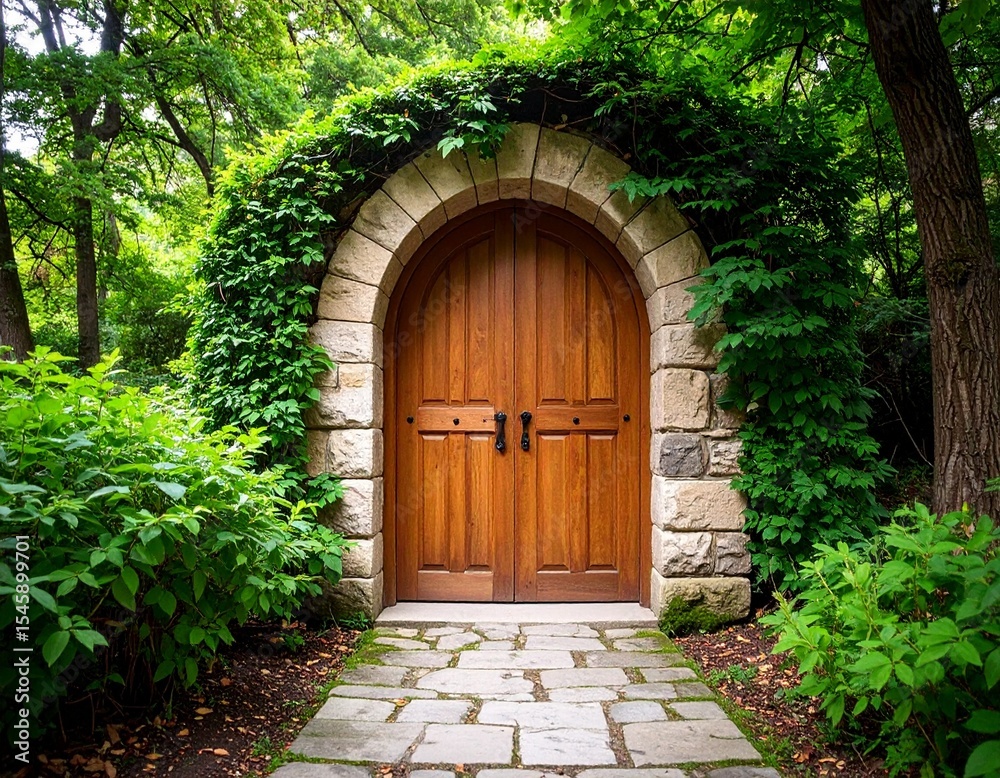Fototapeta premium A captivating wooden door, set within a weathered stone archway and heavily draped with vibrant green foliage, opens into a hidden, lush natural environment. 
