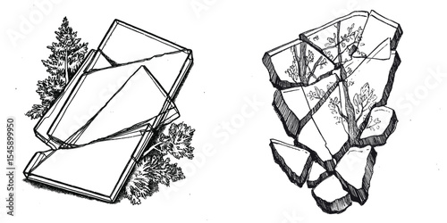 Broken Glass Fragments With Nature Elements And Leaf Illustrations