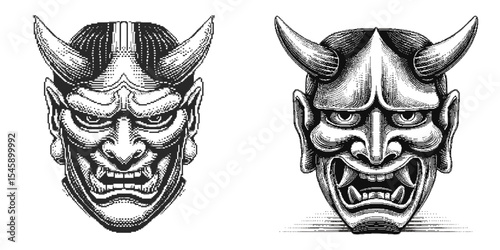 Traditional Japanese Oni Masks with Intricate Features and Details