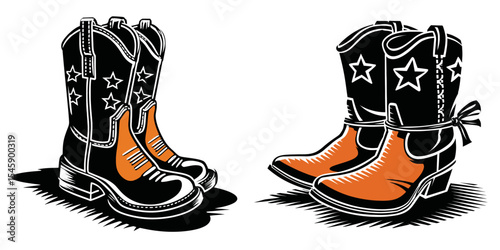Stylish Cowboy Boots with Stars and Unique Designs on White Background