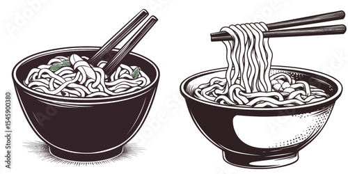 Detailed Illustration of Two Bowls of Noodles with Chopsticks