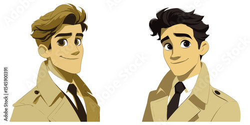 Stylish animated characters in trench coats with friendly expressions