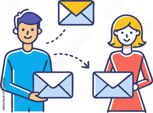 Man and Woman Sending Social Media Posts Illustration Representing Digital Engagement, Online Sharing, and Modern Communication