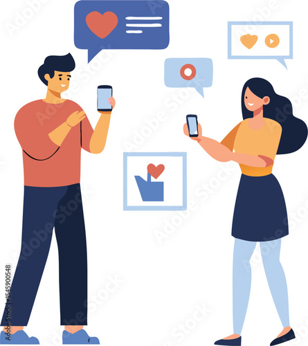 Man and Woman Sending Social Media Posts Illustration Representing Digital Engagement, Online Sharing, and Modern Communication