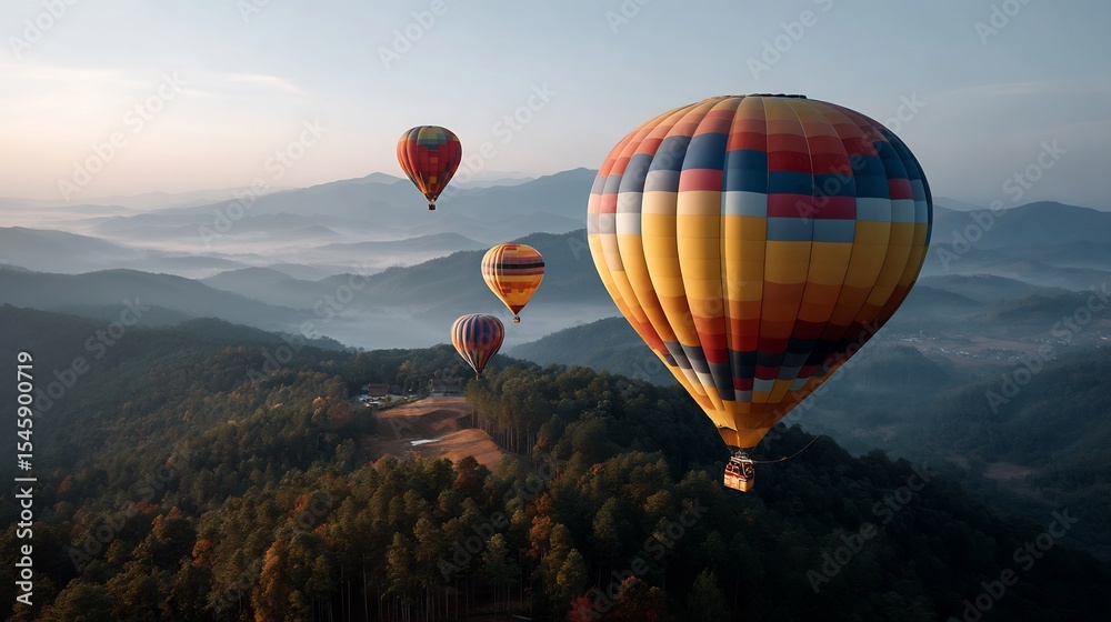 Naklejka premium Colorful hot air balloons soar over a mountainous landscape.