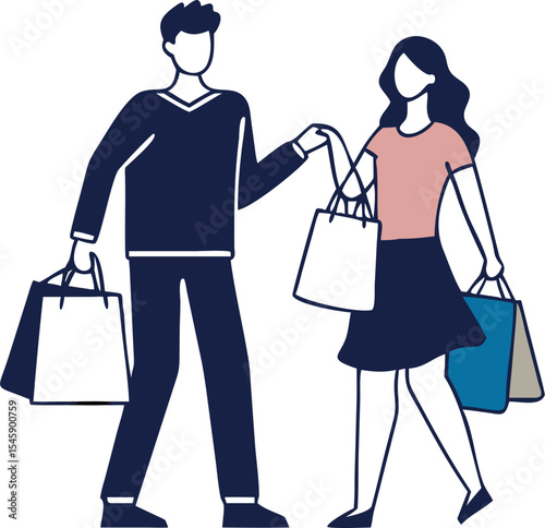 Man and Woman Shopping Together Illustration Representing Consumer Activity, Leisure, and Couple Lifestyle