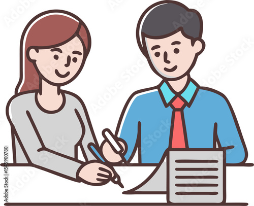 Man and Woman Signing a Contract Illustration Representing Agreement, Business Deal, and Legal Partnership
