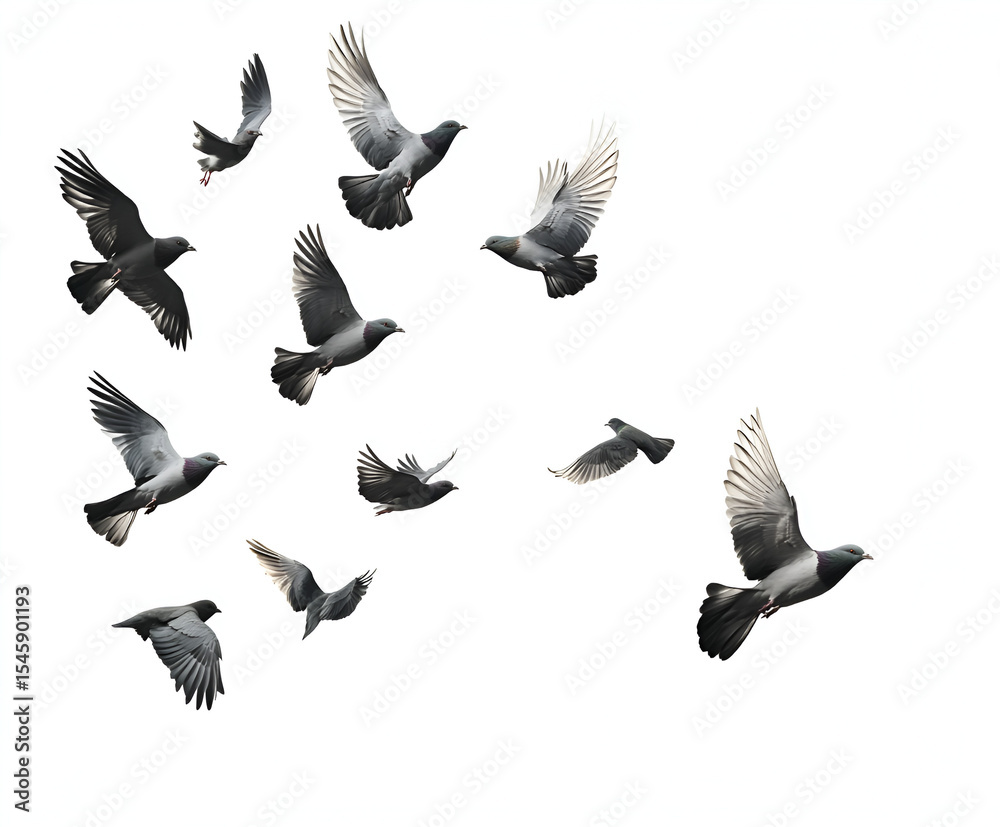 Fototapeta premium A collection of flying bird silhouettes illustrates a dynamic flock against the sky