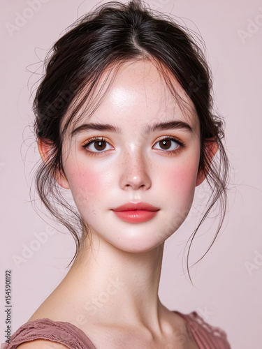 Portrait of a young foreign woman with freckles and elegant makeup style