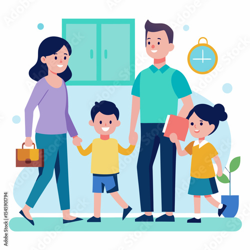 Parents Guiding Children in a Home Setting Illustration Representing Family Support, Education, and Nurturing Environment