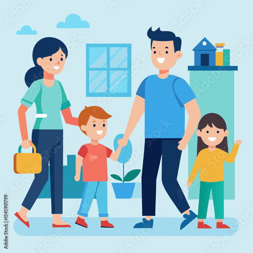 Parents Guiding Children in a Home Setting Illustration Representing Family Support, Education, and Nurturing Environment