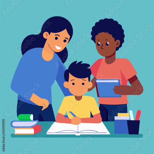 Parents Helping with Homework Illustration Representing Family Support, Education, and Learning Together

