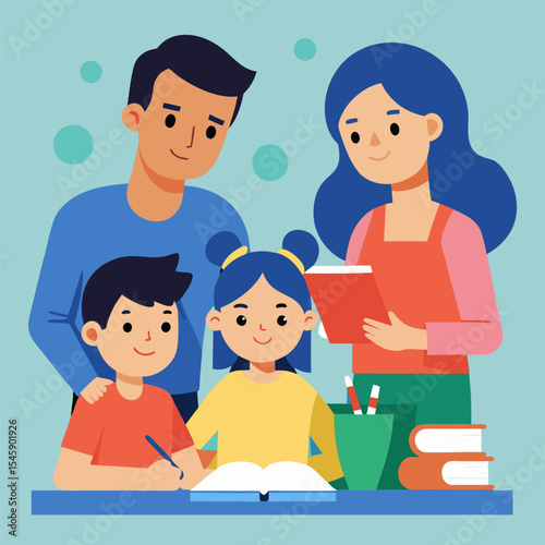 Parents Helping with Homework Illustration Representing Family Support, Education, and Learning Together
