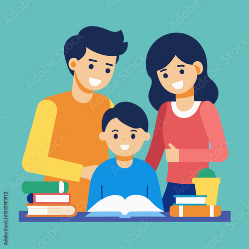Parents Helping with Homework Illustration Representing Family Support, Education, and Learning Together
