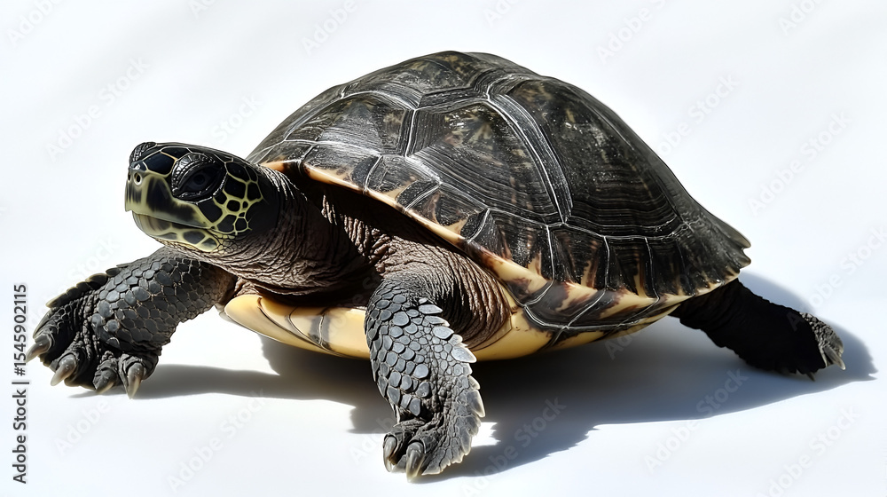 Obraz premium Slow pet turtle or wild tortoise reptile walking with its cute shell isolated on a white background