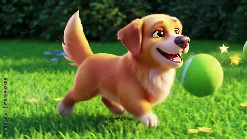 Animated happy dog runs in a field towards a green ball