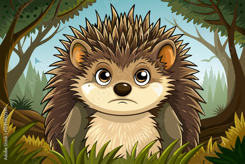 worried hedgehog curled up with tiny eyes peeking out vector ideal for animal storybooks, wildlife illustrations, children’s art, or nature-themed design