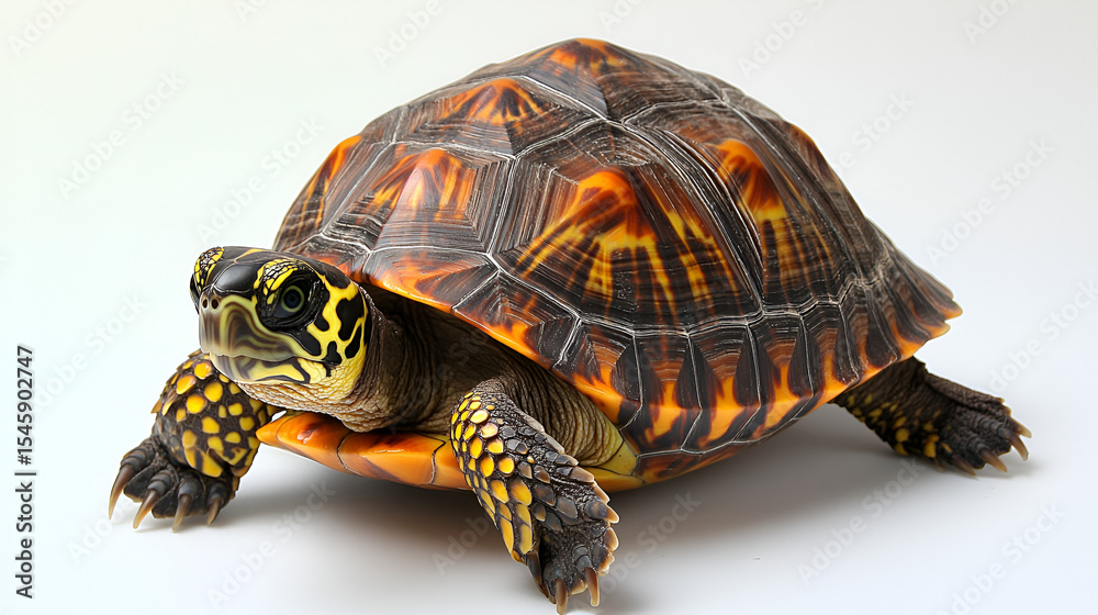 Fototapeta premium Slow pet turtle or wild tortoise reptile walking with its cute shell isolated on a white background