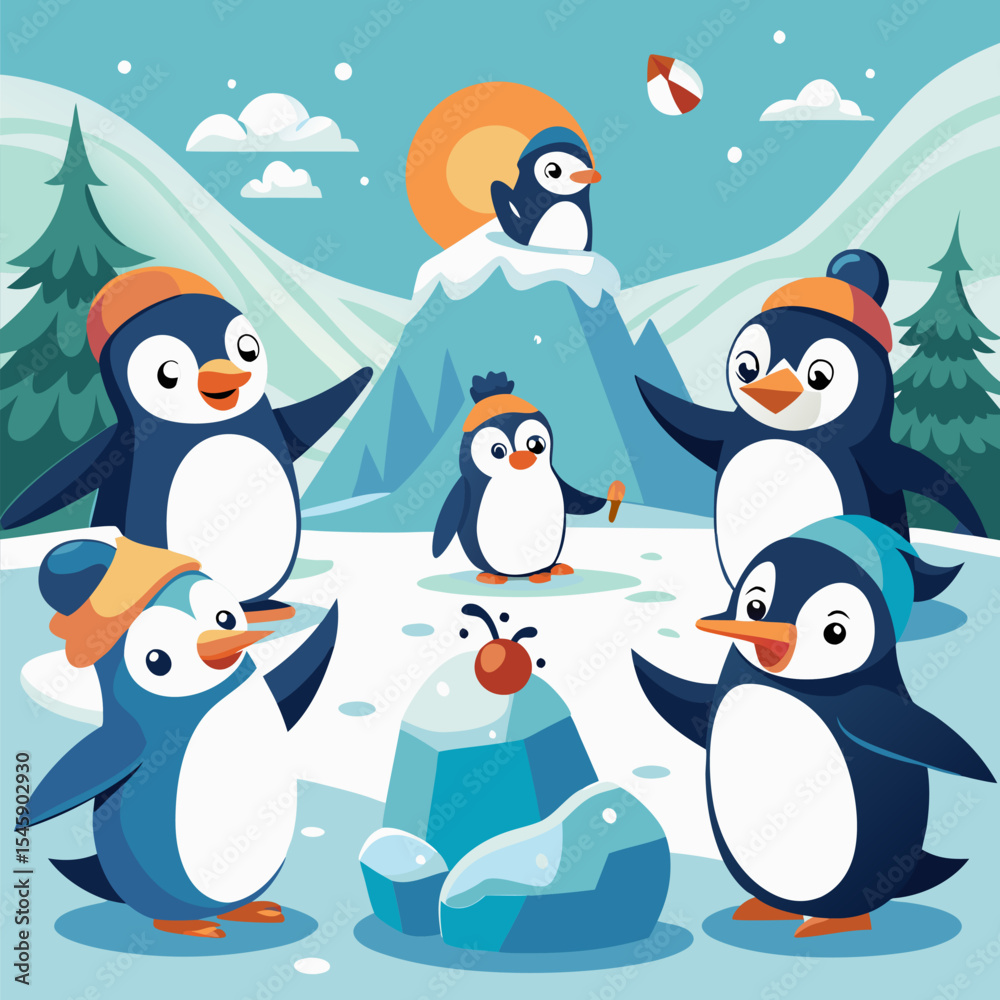 Fototapeta premium Penguins Having a Snowball Fight Illustration Depicting Playful Winter Fun, Animal Behavior, and Joyful Interaction 