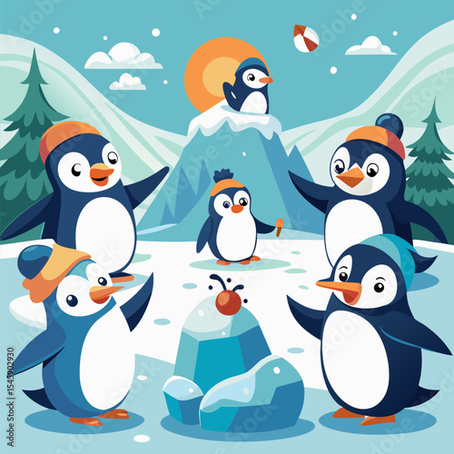 Penguins Having a Snowball Fight Illustration Depicting Playful Winter Fun, Animal Behavior, and Joyful Interaction
