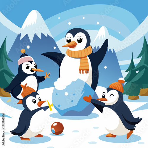 Penguins Having a Snowball Fight Illustration Depicting Playful Winter Fun, Animal Behavior, and Joyful Interaction
