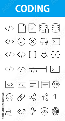 Coding and Programming Editable Line Icons,  focused on coding and software development, Code Symbol, Brackets, Terminal, Script, Bug, API, Database, Cloud, terminal window, script file, bug, database