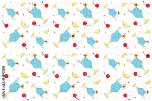 Seamless   pattern with cocktails on transparent background. Ornament with beverage. Cocktail concept. Blue Lagoon, oranges, cherry. Repeat pattern.  Flat cartoon design. Vector illustration