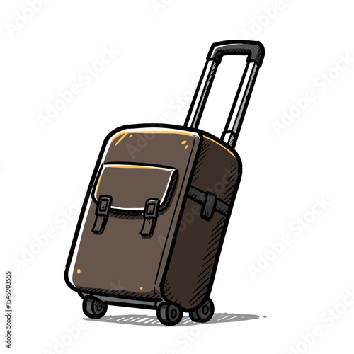 Illustration of a Brown Suitcase with Wheels and Retractable Handle, symbolizing Travel, Vacations, and Luggage for Personal Belongings and Essential Items, isolated on Black Background