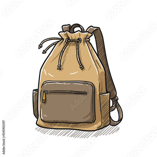 Illustration of a Stylish Drawstring Backpack: Ideal for Travel, Hiking, or Casual Use, Showcasing Detailed Stitching and a Convenient Zippered Pocket Design on Black Background