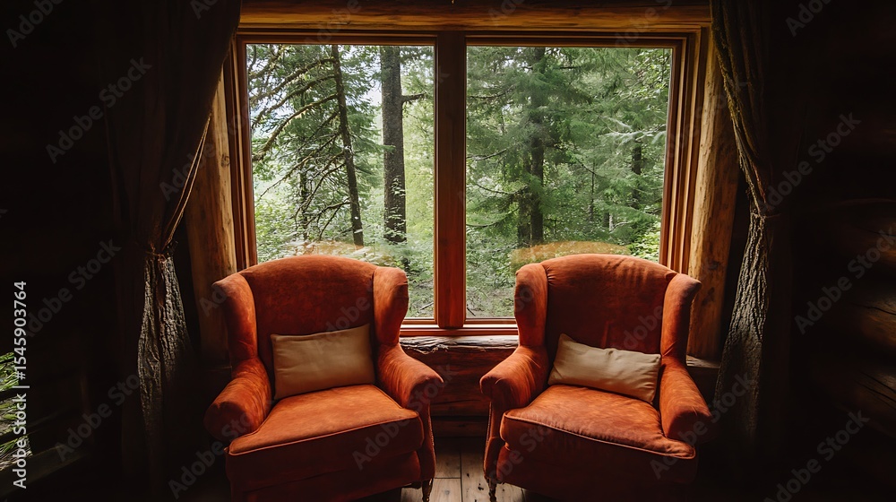 Fototapeta premium Two comfortable orange armchairs facing a large window overlooking a forest