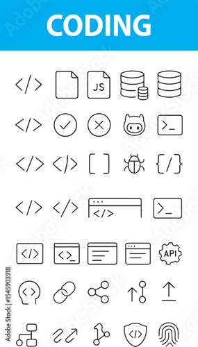 Coding and Programming Editable Line Icons,  focused on coding and software development, Code Symbol, Brackets, Terminal, Script, Bug, API, Database, Cloud, terminal window, script file, bug, database