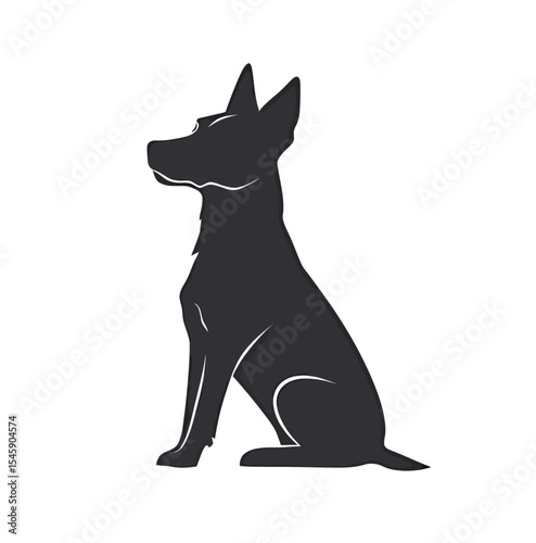 Silhouette of a black dog sitting in profile against a white background.