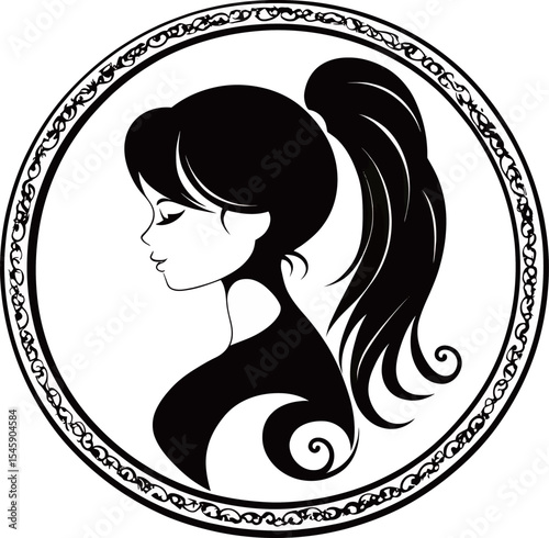 Stylized profile of a woman with long hair in a ponytail, artistic black and white design.
