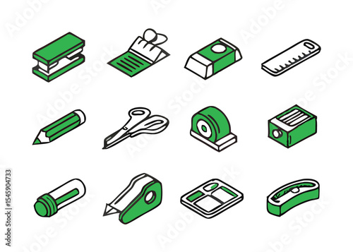 Realistic education and learning icons set. Isometric School and Office Supplies Icon Set – Vector Illustration of Stationery, Education Tools, and Office Essentials in Green and Black Line Style.