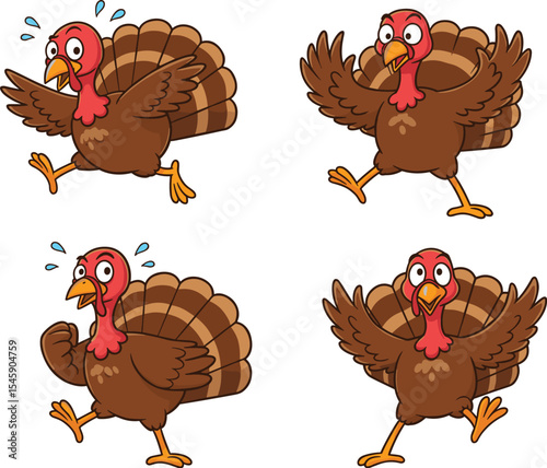 A vector collection of funny cartoon turkey characters, showing emotions from scared, frantic running to happy celebration, perfect for Thanksgiving holiday designs.