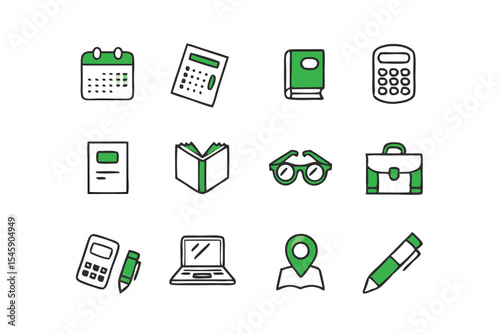 Realistic education and learning icons set. Isometric School and Office Supplies Icon Set – Vector Illustration of Stationery, Education Tools, and Office Essentials in Green and Black Line Style.