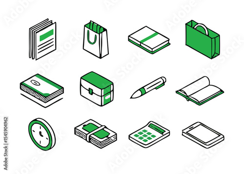 Realistic education and learning icons set. Isometric School and Office Supplies Icon Set – Vector Illustration of Stationery, Education Tools, and Office Essentials in Green and Black Line Style.