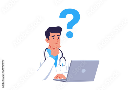 Doctor with Question Mark Considering Diagnosis on Laptop