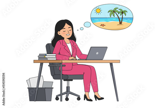 Businesswoman Daydreaming About Vacation at Work