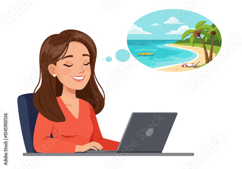 Woman Daydreaming of a Tropical Beach Vacation While Working on Laptop