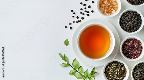 A soothing cup of tea surrounded by various aromatic herbs and spices.