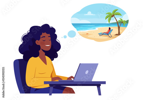 Woman Daydreaming About Beach Vacation While Working