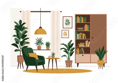 Cozy Reading Nook with Plants and Bookshelves