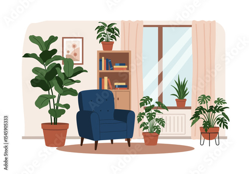Cozy Living Room with Plants and Bookshelf