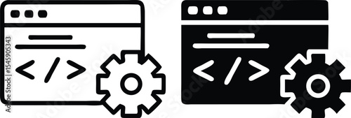 Line Art Icon of Web Development Window with Code and Gear in Minimalist Flat Style