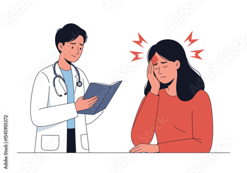 Doctor consults patient with severe headache
