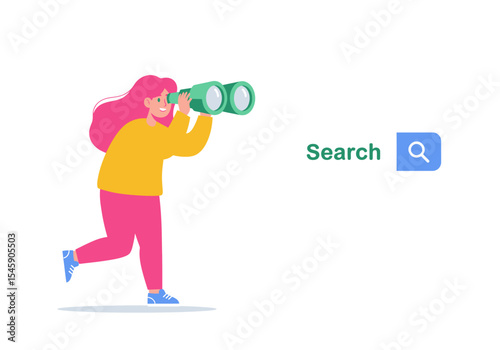 Young Woman Searching with Binoculars and Search Bar