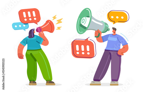 Man announcing news using megaphone social media marketing. Woman with loudspeaker. Promotion, advertising