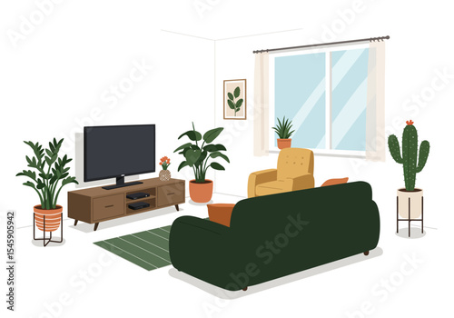 Stylish Modern Living Room with Plants and Cozy Furniture